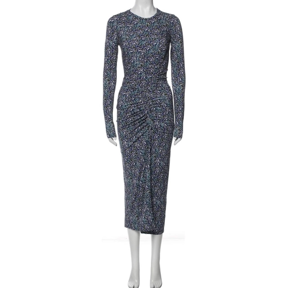 Long-Sleeve Blue Floral Ruched Midi Dress by